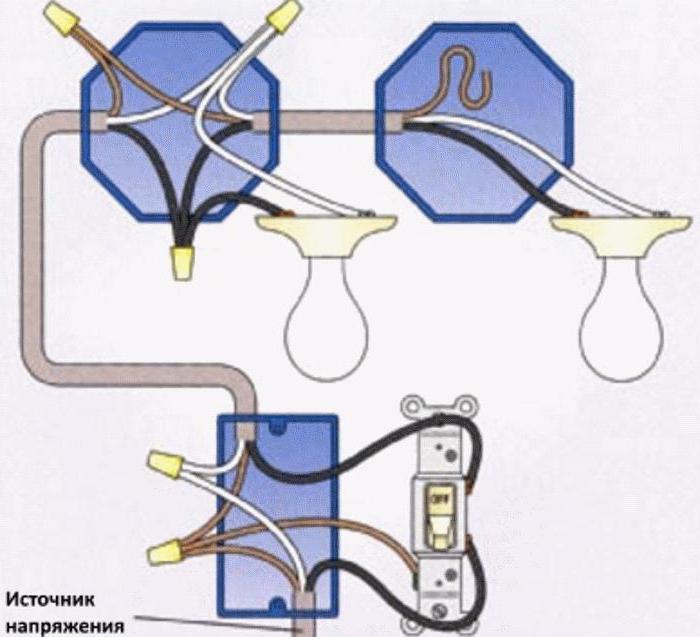 áramkör az egygombos kapcsoló két izzólámpához való csatlakoztatásához
